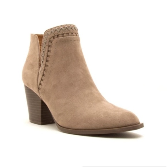 Shoes - Ankle Heel Taupe Suede Booties with Braided stitch